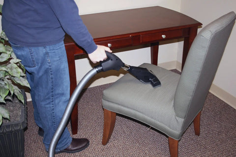 Using Central Vacuum Hand Turbine for Upholstery and Stair Cleaning No Batteries Needed Runs Off Your System on chair