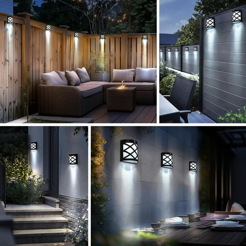 Eight Pack Solar Fence Lights Cold White Outdoor Waterproof Wall Lights illuminating garden patio and fence, waterproof design