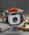 Old School Analog Kitchen Scale With Tare Function Mechanical Food Scale 22 lb capacity showing multicolor dial with tomatoes