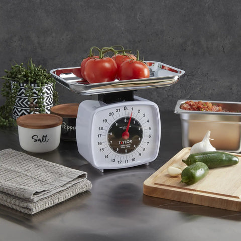 Old School Analog Kitchen Scale With Tare Function Mechanical Food Scale 22 lb capacity showing multicolor dial with tomatoes