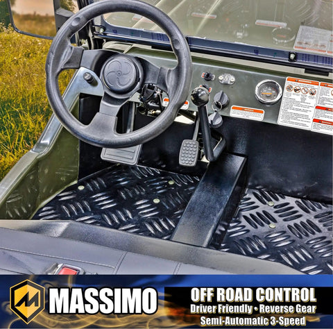 Interior view of green Mini 125cc Go Kart with 3 Speed Semi Automatic Transmission, showcasing the steering wheel and pedals.