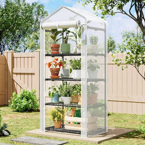 Four Tier Mini Greenhouse For Indoor And Outdoor Use With Adjustable Shelves Space Saving Vertical Grow House Reinforced Steel Frame Waterproof Mesh Cover Ideal For Balcony Patio Deck Or Kitchen Garden
