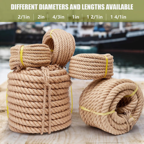 Various sizes of Go-To Heavy Duty Natural Jute Rope in coiled bundles for crafts, gardening, bundling, and home projects.