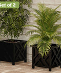 Lattice Design Planter Box Two Pack 14.75 Inch Square Outdoor Plant Pots For Flowers Or Plants Farmhouse Style Deck Ready Front Porch Patio Garden Decor Black