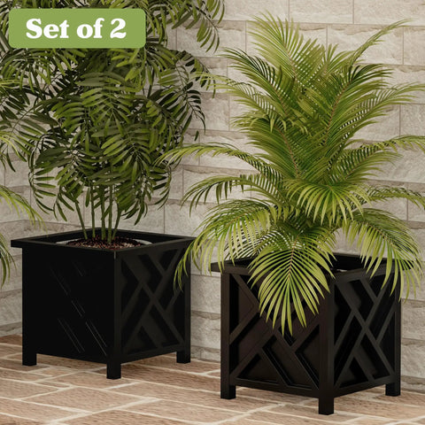 Lattice Design Planter Box Two Pack 14.75 Inch Square Outdoor Plant Pots For Flowers Or Plants Farmhouse Style Deck Ready Front Porch Patio Garden Decor Black