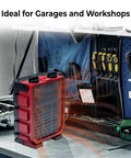 1500W Ceramic Space Heater With Fan in red, placed on a workbench in a garage setting with tools, showcasing fast warmth flow.