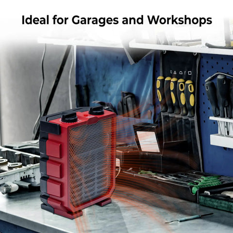 1500W Ceramic Space Heater With Fan in red, placed on a workbench in a garage setting with tools, showcasing fast warmth flow.