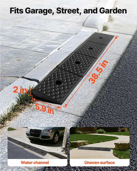 Two Pack Heavy Duty Rubber Curb Ramp With 2 Inch Rise For Cars SUVs Trucks And Trailers, shown installed on curb with drainage tank design