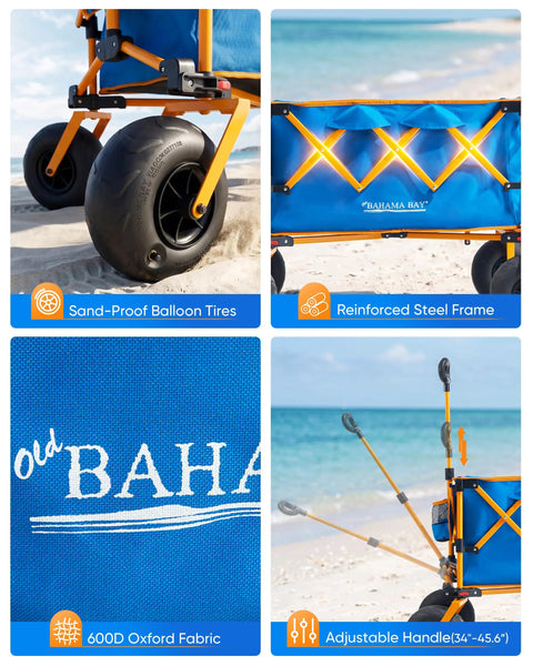Foldable Beach Wagon With Balloon Wheels For Soft Sand Heavy Duty Collapsible Cart with blue fabric and adjustable handle