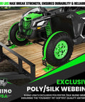 Badass Cargo Control With These Heavy Duty E Track Ratchet Tie Down Straps 4 Pack securing a green ATV on a trailer with poly/silk webbing.