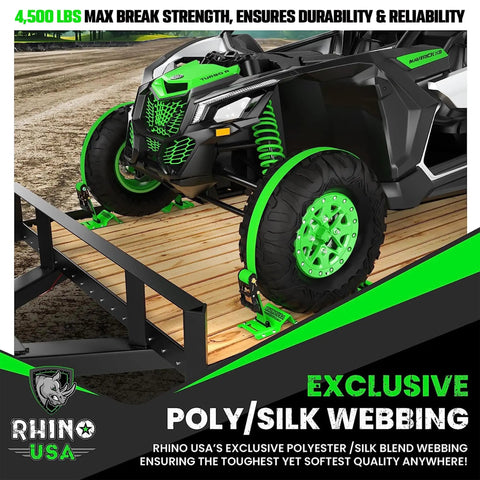 Badass Cargo Control With These Heavy Duty E Track Ratchet Tie Down Straps 4 Pack securing a green ATV on a trailer with poly/silk webbing.