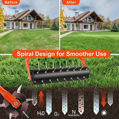Push Lawn Aerator 21 Inch Tool With Preassembled Spikes And Quick Clip For No Fuss Setup Heavy Duty Manual Aerator shown in use