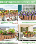 Two Pack 24 Inch Railing Planter Boxes With Coconut Liners For Outdoor Balcony Porch Fence And Patio No Fuss Easy Hang Deck Flower Baskets Includes Zip Ties Sturdy Metal Troughs For Vibrant Seasonal Plants installed on outdoor railings