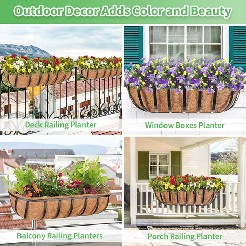 Two Pack 24 Inch Railing Planter Boxes With Coconut Liners For Outdoor Balcony Porch Fence And Patio No Fuss Easy Hang Deck Flower Baskets Includes Zip Ties Sturdy Metal Troughs For Vibrant Seasonal Plants installed on outdoor railings
