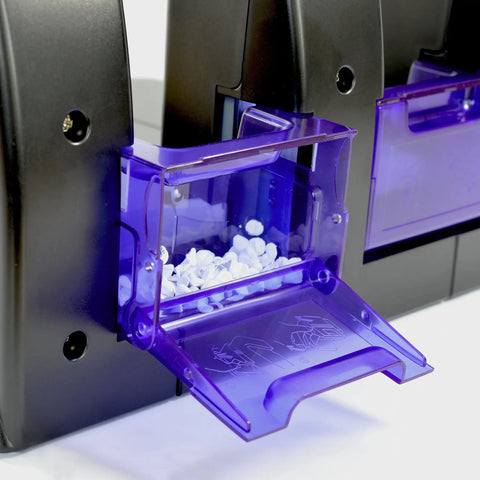 Heavy Duty Three Hole Puncher With 100 Sheet Capacity Self Centering Guide And Ergonomic Grip, purple paper chip tray.