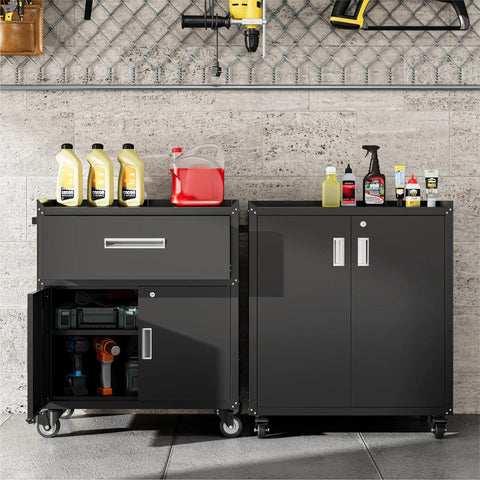 Heavy Duty Rolling Storage Cabinet For Garage And Shop, Two Door Metal Cabinet With Two Adjustable Shelves, Lockable Wheels And Locking Doors, 35 Inch Tall Large Capacity Tool Chest In Black, open