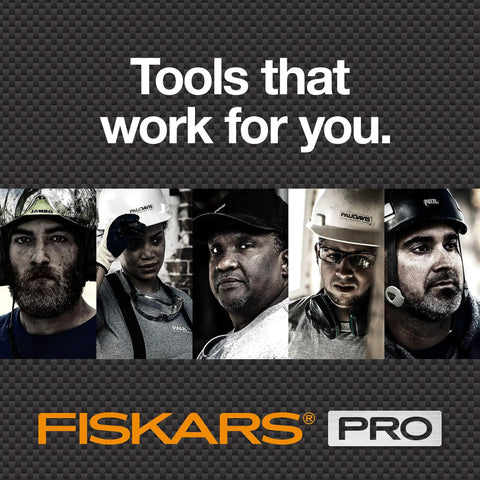 Five workers wearing helmets and safety gear above text 'Tools that work for you' and Fiskars Pro logo on carbon fiber background.