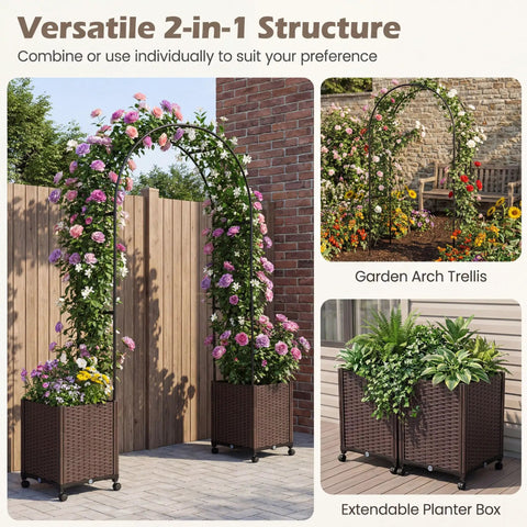 Metal Garden Arch Trellis Arbor With Two Self Watering Planter Boxes shown with climbing vines in patio setup