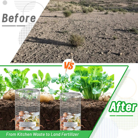 Before and after of 2 Pack Underground Worm Composting Bin Set Durable Metal Wire Bins With Holes And Lid For Recycling Kitchen Waste Outdoors Garden Use Great For Backyards And Veggie Patches, showing barren land transformed into fertile soil with lush plants.