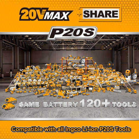 20V Brushless Impact Drill Kit With Metal Shell And Efficient Cooling For Cooler Run Time Longer Battery Life High Torque Tool Set in a workshop with various tools compatible with Ingco Li-ion P20S