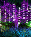 Illuminated 8 Pack Mini Disco Ball Garlands Silver Mirror Balls Hanging Banner in a vibrant outdoor party setting