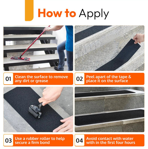 Steps to apply Non Slip Stair Treads For Indoor Outdoor Use Waterproof Grip Tape For Wood Concrete Metal Steps Weatherproof Anti Slip Tape Heavy Duty 6x24 Inches 5 Pack Safe Traction For Pets And Family