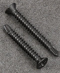 Two black flat head self tapping screws, part of a 300 Pack Size 8 By One Inch Sheet Metal Self Tapping Screws Black Stainless Steel.