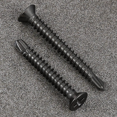Two black flat head self tapping screws, part of a 300 Pack Size 8 By One Inch Sheet Metal Self Tapping Screws Black Stainless Steel.