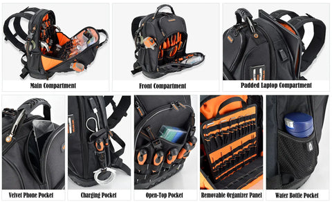 77 Pocket Electricians Tool Backpack With Hard Moulded Bottom And 65 Pcs Molle Loops Four Compartments Titanium Hook Waterproof Design For HVAC Construction And Field Techs A Gear Carrier For Tough Job Sites compartments and pockets