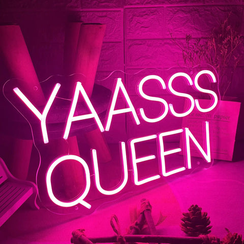 YAASSS QUEEN pink LED neon sign with acrylic backboard, 19.7x11 in for bedroom and party decor, Pink Neon Sign LED Light For Bedroom Wall Decor Large 19.7x11 Inches, Kid Room Living Room Party Bar, Safe Silicone Tubes With Acrylic Backboard, Energy Saving No Heat, Bright Lit Vibe Neon.