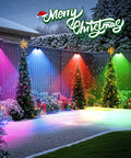 Merry Christmas scene with decorated trees lit by Solid Solar Fence Lights For Outdoor Deck Railings And Garden Pathways Featuring Smooth Color Changing RGB Cycles With IP65 Waterproof Design Great To Level Up Your Backyard Hangout And Serve Dope Nighttime Ambiance In An Eight Piece Set.