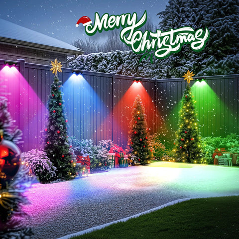 Merry Christmas scene with decorated trees lit by Solid Solar Fence Lights For Outdoor Deck Railings And Garden Pathways Featuring Smooth Color Changing RGB Cycles With IP65 Waterproof Design Great To Level Up Your Backyard Hangout And Serve Dope Nighttime Ambiance In An Eight Piece Set.