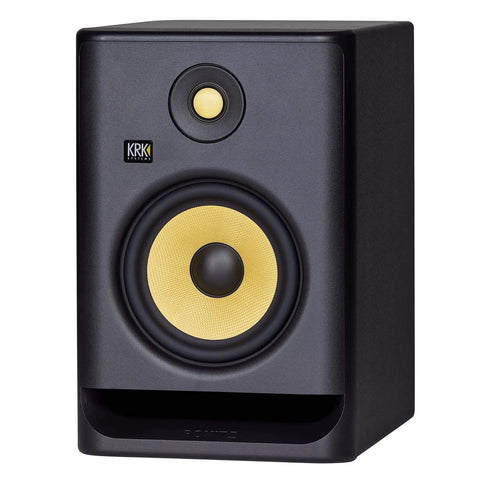 Front view of Rokit 7 G4 Studio Monitor Speaker Bundle Pair In Black With Kevlar 7 Inch Woofer And 1 Inch Tweeter Bi Amp Class D Power Built In LCD DSP EQ For Pro Home Studio Mixing And Accurate Reference Audio.