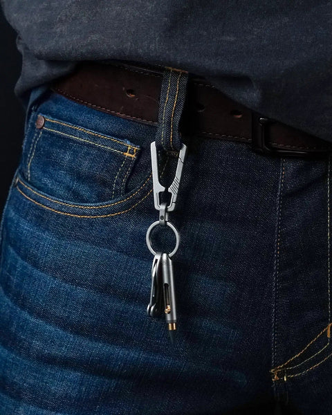 Titanium Mini Infinity Mechanical Pencil Ultra Lightweight Compact Retractable Tip Portable Keychain on jeans belt loop.