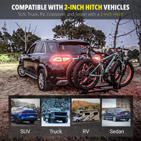 Hitch Mounted Ebike Rack For Two With 46 Inch Ramp Tilt Fold Design Anti Theft Locks And Wheel Locks 170 Lb Capacity Fits 2 Inch Receiver Supports Fat Tires Up To 5 Inches For Car SUV Truck Or RV on 2-inch hitch SUV