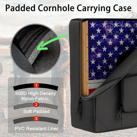 Beefy Cornhole Board Carrying Case with padded foam showing nylon fabric and zippers, fits 4 by 2 foot boards