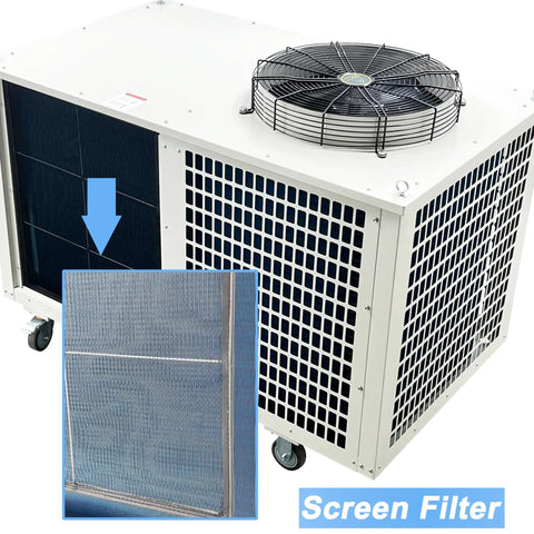 Pro Grade Industrial Spot Cooler And Commercial Portable Air Conditioner Engineered To Beat The Heat With 220V Power Setup and Massive Airflow showing fan and screen filter.