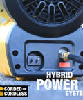 Back view of Industrial Grade 68000 Btu H Forced Air Propane Heater with hybrid power system and output connections.