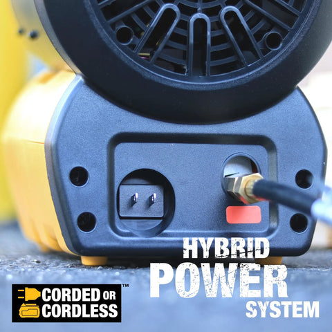 Back view of Industrial Grade 68000 Btu H Forced Air Propane Heater with hybrid power system and output connections.