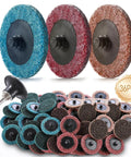 Two Inch Quick Change Surface Conditioning Discs, Pro Grade Three Grit Nylon Nonwoven Discs For Deburring, Grinding, And Polishing, Includes One Quarter Inch Roll Lock Holder For Die Grinder, Great For Tight Spaces And Fast Finishing, shown in 36 pcs assortment with holder