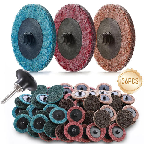 Two Inch Quick Change Surface Conditioning Discs, Pro Grade Three Grit Nylon Nonwoven Discs For Deburring, Grinding, And Polishing, Includes One Quarter Inch Roll Lock Holder For Die Grinder, Great For Tight Spaces And Fast Finishing, shown in 36 pcs assortment with holder