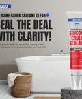 Image of Clear Silicone Caulk Sealant for Kitchen and Bathroom, waterproof and crack proof, indoor outdoor use, 150 ml tube.