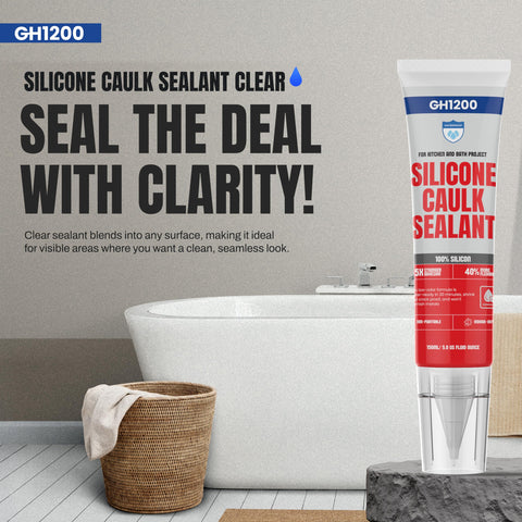 Image of Clear Silicone Caulk Sealant for Kitchen and Bathroom, waterproof and crack proof, indoor outdoor use, 150 ml tube.
