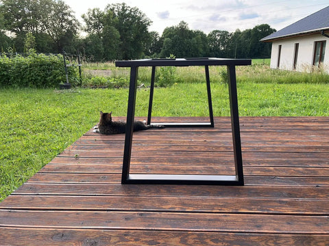 Beefy Heavy Duty Metal Table Frame For Granite Or Glass Tops, Industrial Style Dining Table Base on wooden deck