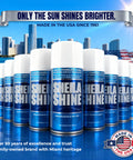 Stainless Steel Cleaner And Polish 10oz cans on display, background of Miami skyline, showcasing product's heritage and shine