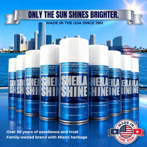 Stainless Steel Cleaner And Polish 10oz cans on display, background of Miami skyline, showcasing product's heritage and shine