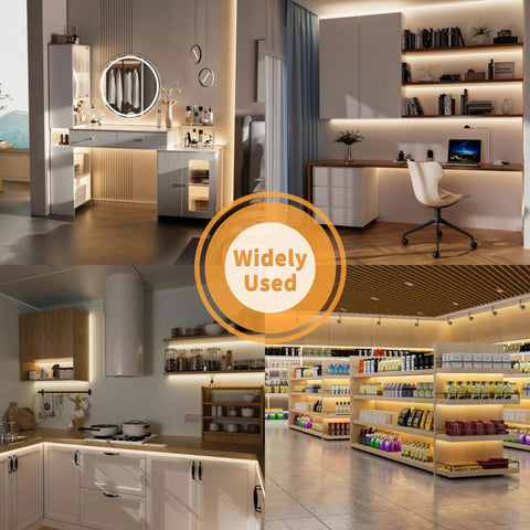 Various home and office spaces illuminated by Ultra Bright 24ft COB LED Strip Light With 3780 LEDs, Natural White 4000K.