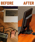 Before and after cable organization with 2.5 Inch Plastic Cable Grommet Desk Hole Cover for wire management.