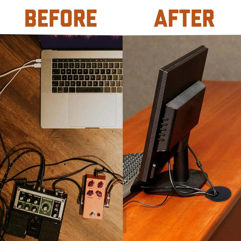 Before and after cable organization with 2.5 Inch Plastic Cable Grommet Desk Hole Cover for wire management.