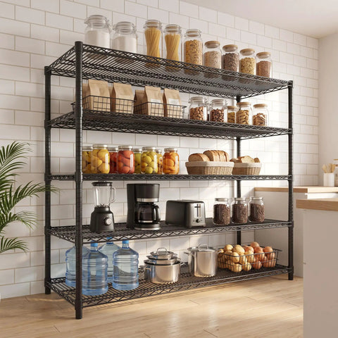 Flex Your Storage Space With This Badass Heavy Duty 5 Tier Metal Wire Shelving Rack Featuring No Wobble Steel Grid Construction And Ultra Tough Powder Coating That Handles A Whopping 3250 Lbs Easily For Any Home Or Warehouse Setup, showcasing pantry items and appliances.